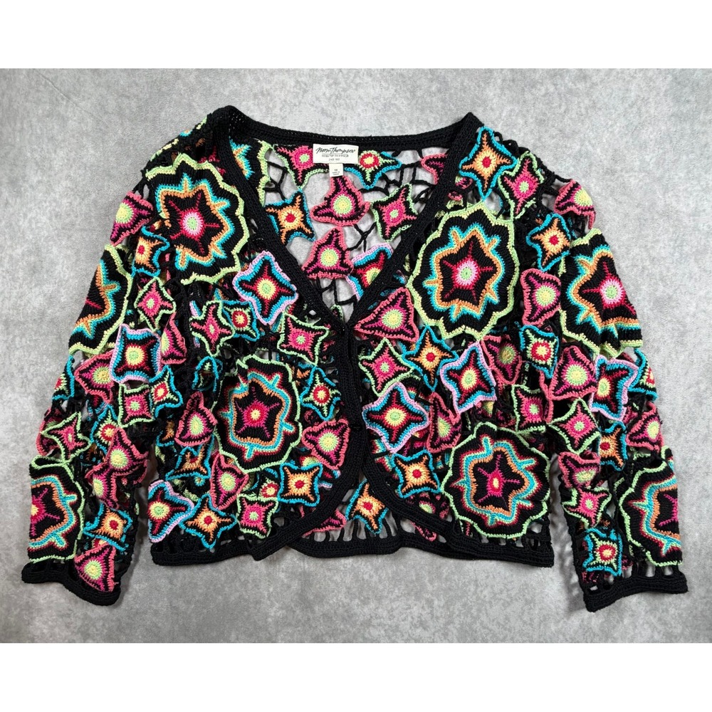 Norm Thompson Womens 1X Cardigan Ramie Cotton Crochet Granny Square Multicolor